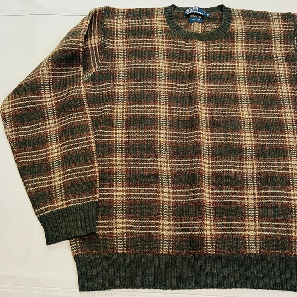 VTG Polo Ralph Lauren Men XL Plaid Check Crew Neck Sweater 100% Wool Brown-4532 - Picture 2 of 10
